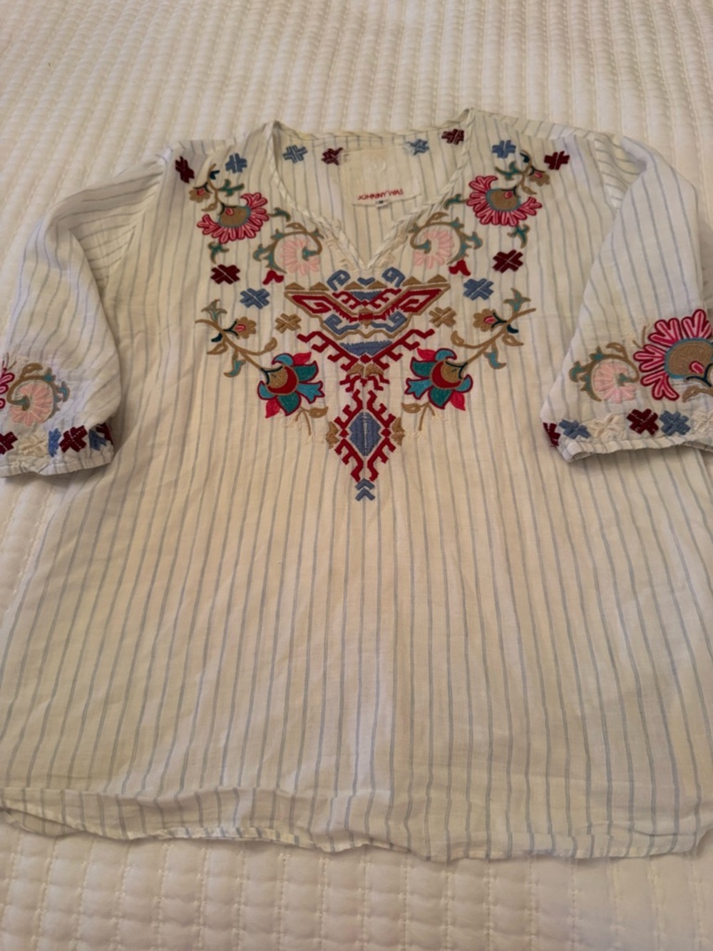 Johnny Was White Striped Embroidered V-Neck Tunic